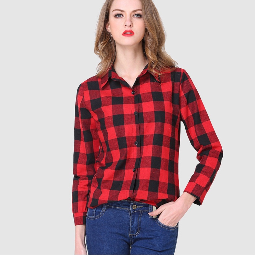 AMORI SHIRT BUTTONS DOWN PLAID BLACK RED SIZE 6